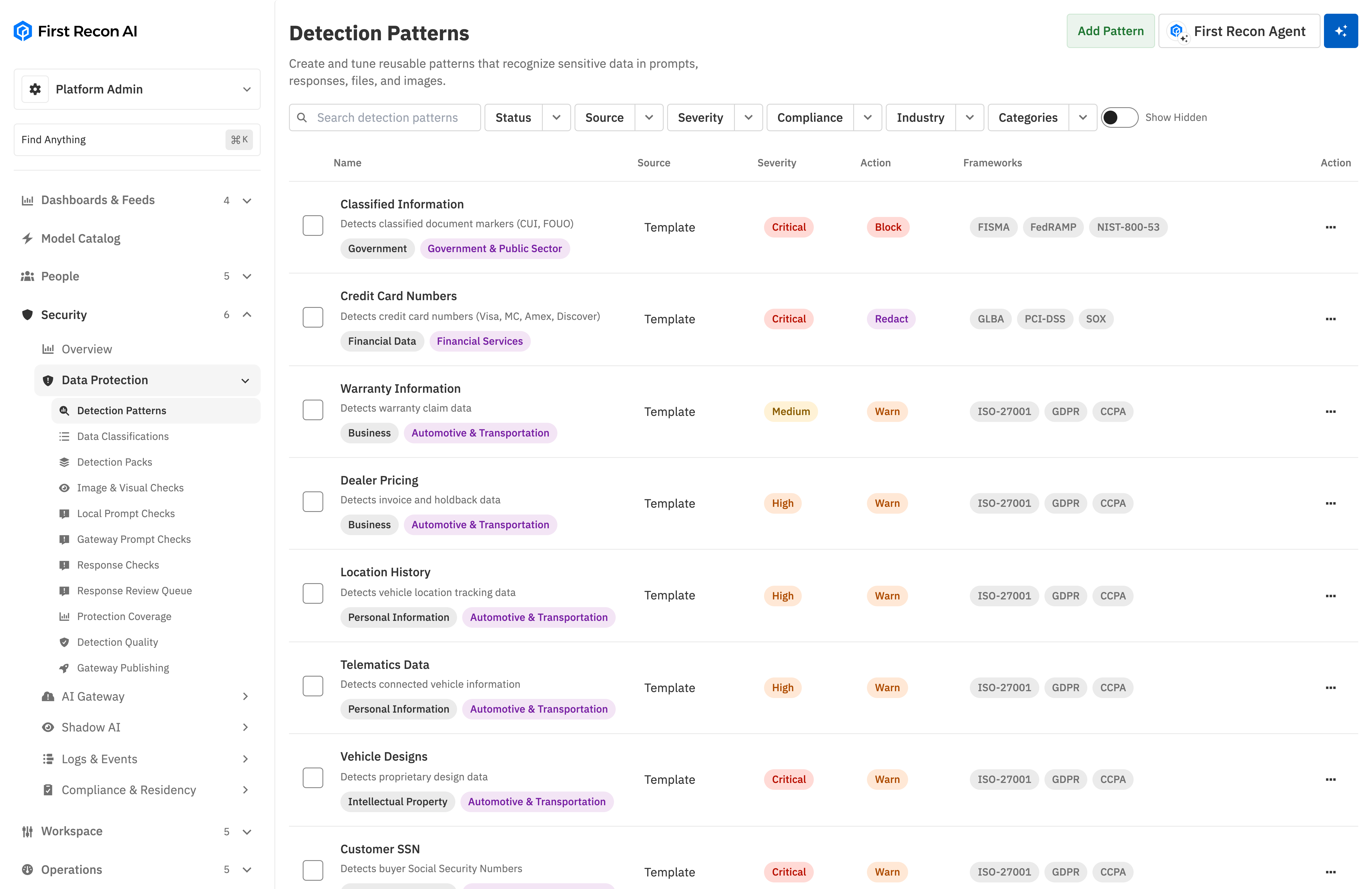 First Recon AI detection patterns: reusable sensitive-data controls with severity, actions, and compliance frameworks including ISO-27001, GDPR, CCPA, and PCI-DSS